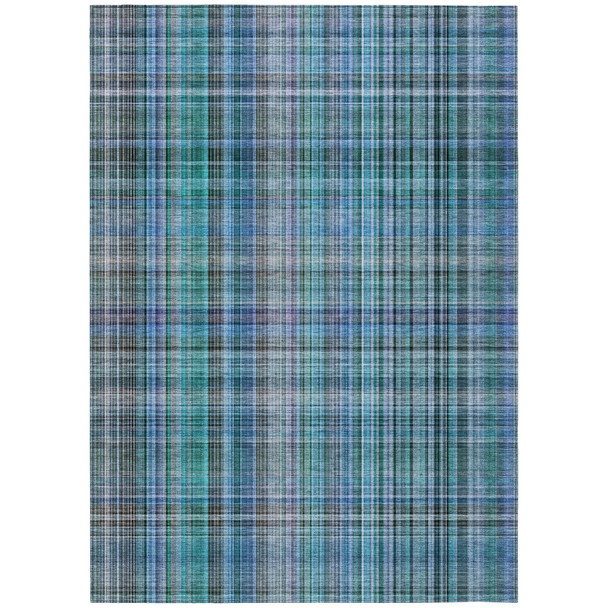 5' X 8' Blue Teal and Gray Plaid Washable Non Skid Indoor Outdoor Area Rug
