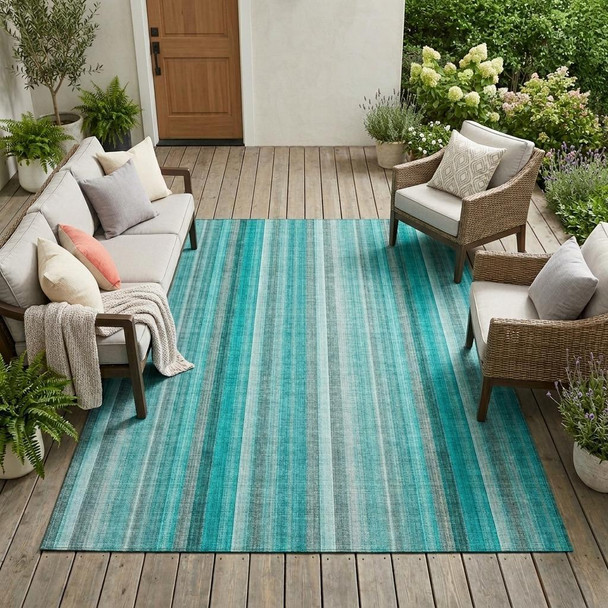 10' X 14' Teal and Gray Striped Washable Non Skid Indoor Outdoor Area Rug