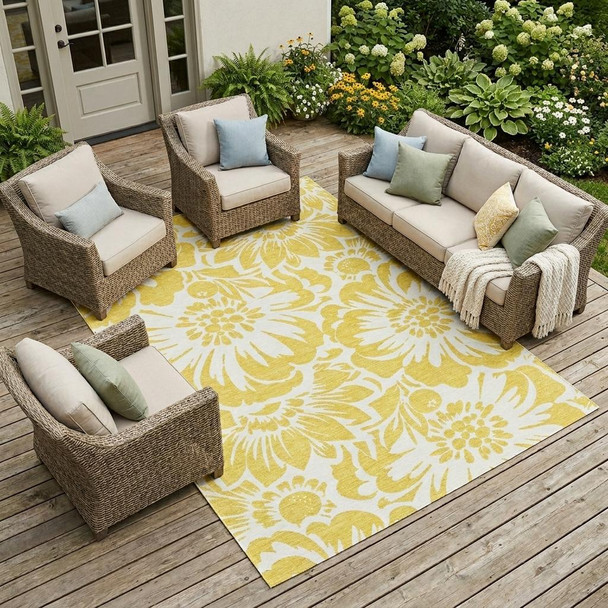 9' X 12' Gold and White Floral Washable Non Skid Indoor Outdoor Area Rug