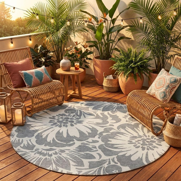 8' Round Gray and Ivory Round Floral Washable Non Skid Indoor Outdoor Area Rug