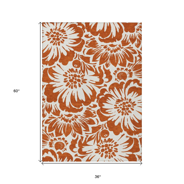 3' X 5' Rust and Ivory Floral Washable Non Skid Indoor Outdoor Area Rug