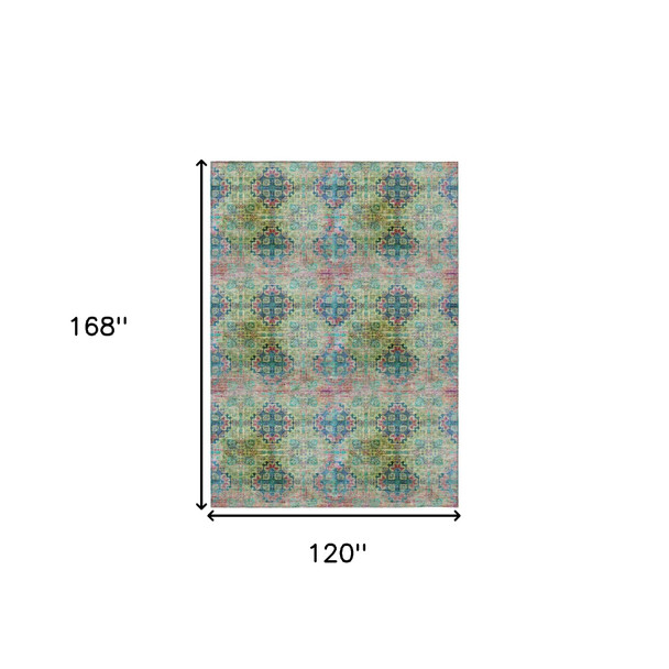 10' X 14' Blue and Green Floral Medallion Washable Non Skid Indoor Outdoor Area Rug