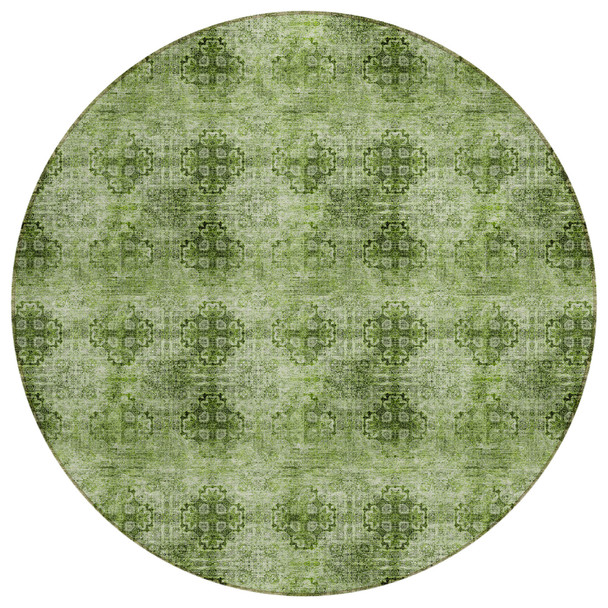 8' X 8' Olive Green Round Floral Medallion Washable Non Skid Indoor Outdoor Area Rug