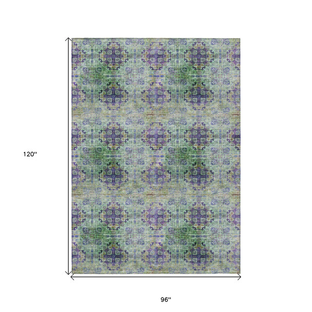 8' X 10' Purple and Green Floral Medallion Washable Non Skid Indoor Outdoor Area Rug
