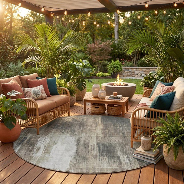 8' Taupe And Gray Round Abstract Washable Indoor Outdoor Area Rug
