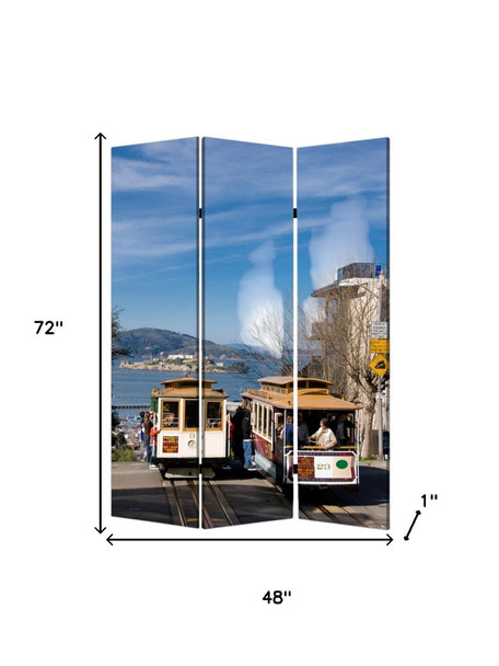 72" Blue And White Canvas Folding Three Panel Screen Room Divider