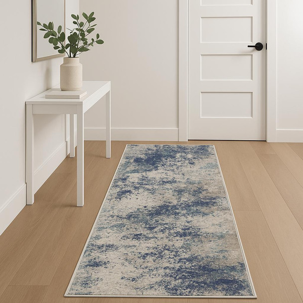 10' Ivory Blue And Teal Abstract Runner Rug