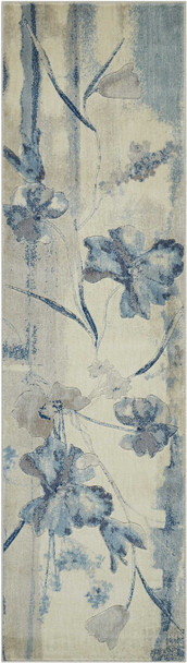8' Ivory And Blue Floral Non Skid Runner Rug