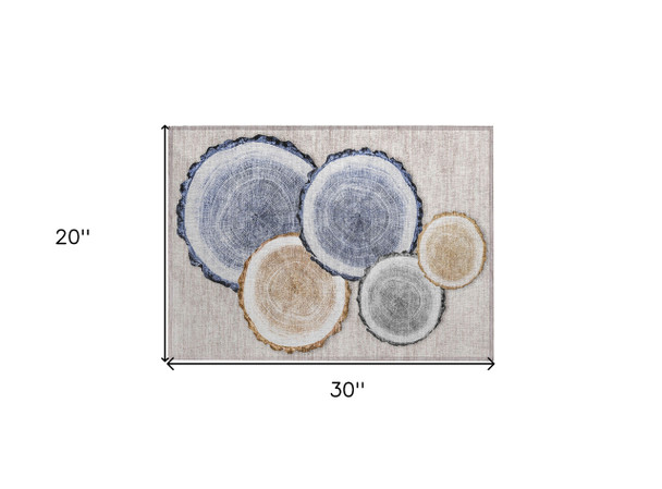 2' X 3' Beige Blue and Gold Faux Bois Washable Non Skid Indoor Outdoor Area Rug