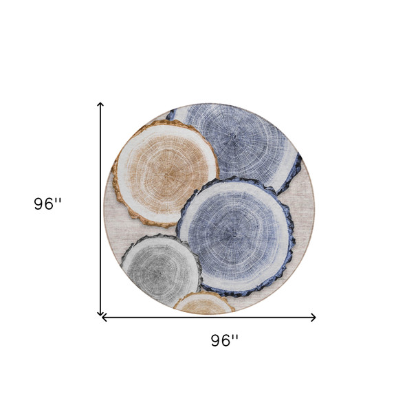 8' Round Beige Blue and Gold Round Faux Bois Washable Non Skid Indoor Outdoor Area Rug