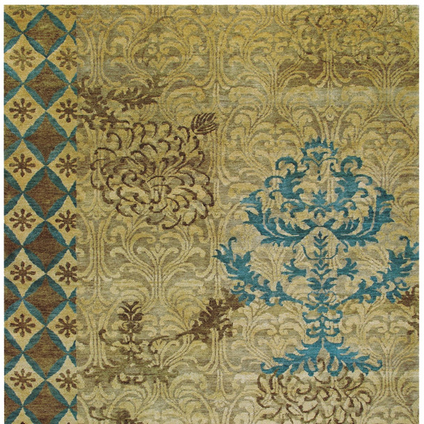 6' X 9' Tan Blue and Brown Floral Hand Knotted Area Rug