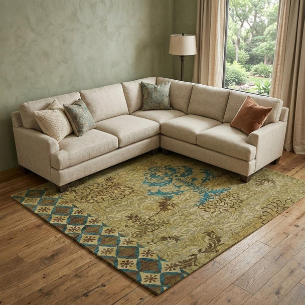 8' X 10' Tan Blue and Brown Floral Hand Knotted Area Rug