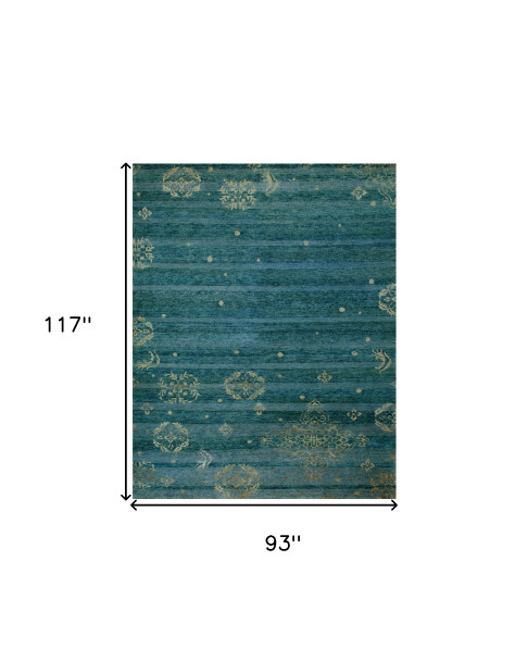 8' X 10' Tan Blue and Green Striped Hand Knotted Area Rug