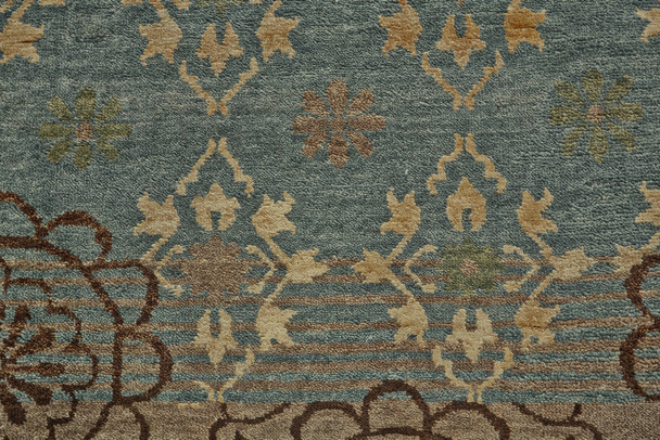 6' X 9' Green Blue and Brown Floral Hand Knotted Area Rug