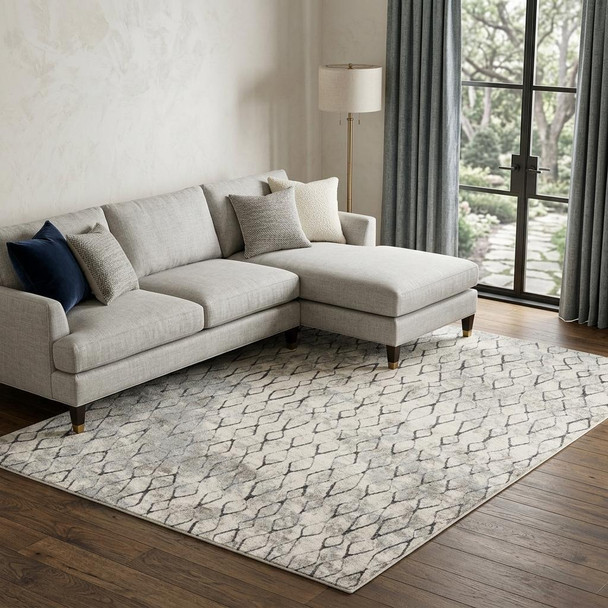 8' X 10' Gray and Ivory Geometric Power Loom Worn Faded Area Rug