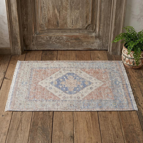 2' X 3' Red Blue and Ivory Abstract Hand Woven Distressed Area Rug With Fringe