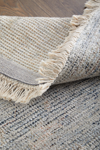9' X 12' Gray Blue and Taupe Abstract Hand Woven Distressed Area Rug With Fringe