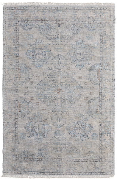 2' X 3' Gray Blue and Taupe Oriental Hand Woven Distressed Area Rug With Fringe