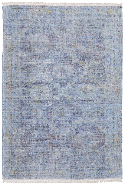 2' X 3' Blue and Ivory Abstract Hand Woven Distressed Area Rug With Fringe