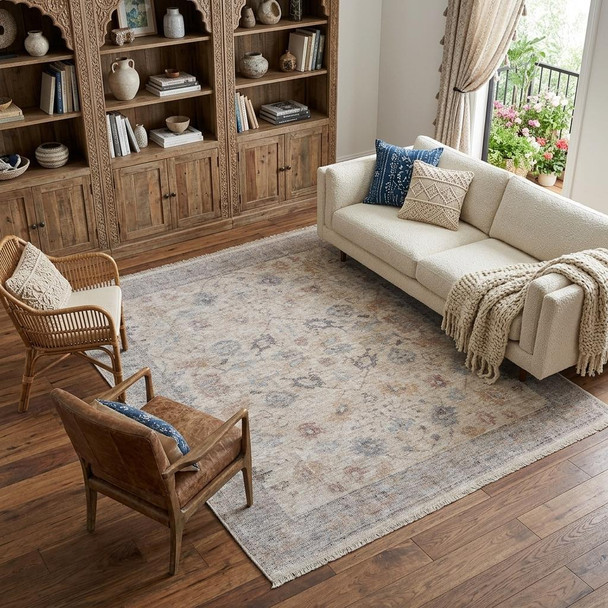 10' X 14' Ivory Tan and Blue Floral Hand Woven Distressed Area Rug With Fringe