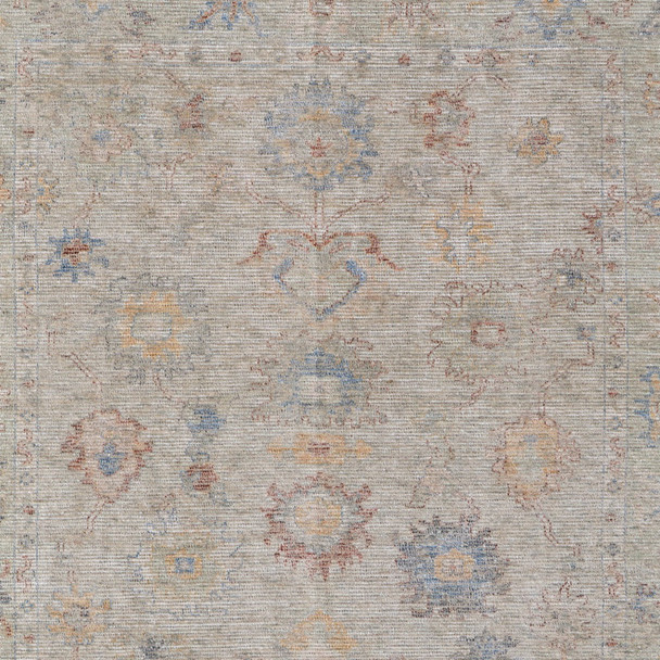 8' X 10' Tan Brown and Blue Floral Hand Woven Distressed Area Rug With Fringe