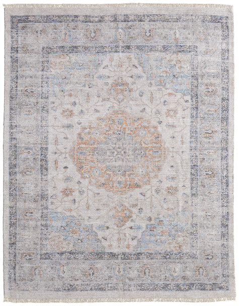 10' X 14' Ivory Blue and Orange Oriental Hand Woven Distressed Area Rug With Fringe