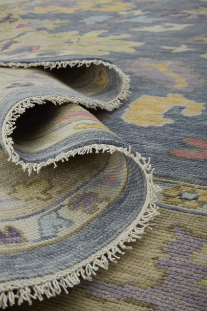 8' X 10' Gold Blue and Purple Wool Oriental Hand Knotted Area Rug With Fringe