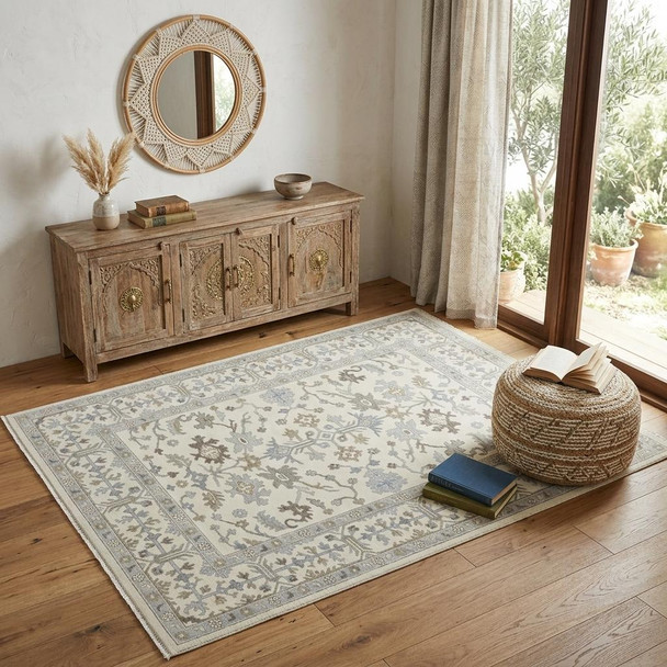 4' X 6' Ivory Gray and Brown Wool Floral Hand Knotted Area Rug With Fringe