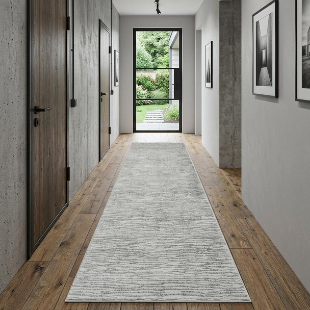 10' Ivory Gray And Green Abstract Distressed Runner Rug
