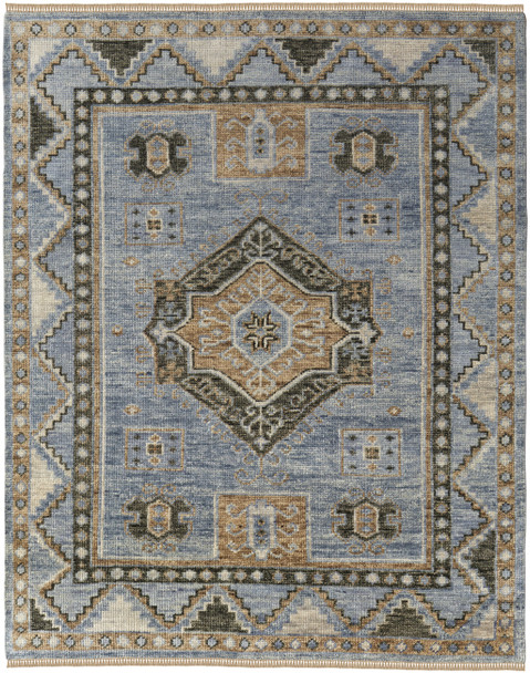 2' X 3' Ivory Tan and Blue Wool Oriental Hand Knotted Area Rug With Fringe