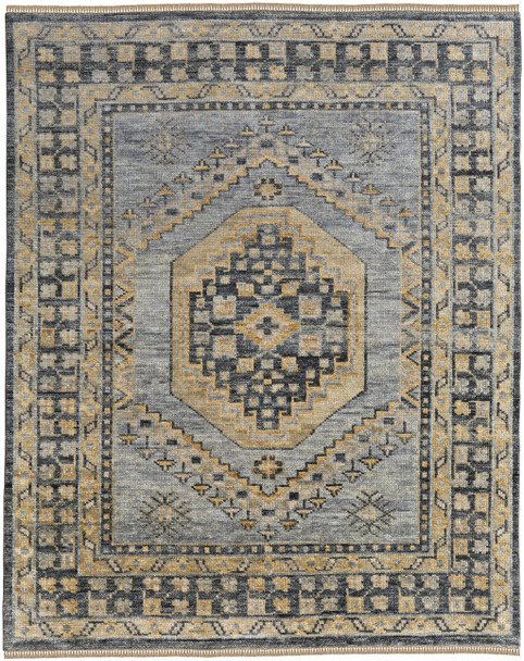 8' X 10' Blue Gray and Tan Wool Oriental Hand Knotted Area Rug With Fringe