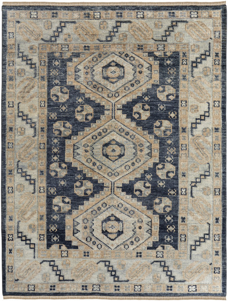 4' X 6' Blue and Ivory Wool Geometric Hand Knotted Area Rug With Fringe