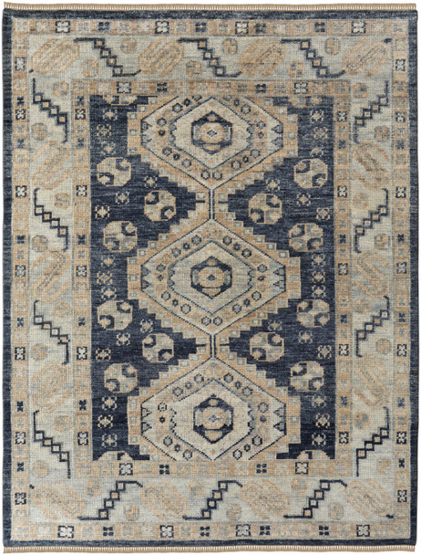 5' X 8' Blue and Ivory Wool Geometric Hand Knotted Area Rug With Fringe