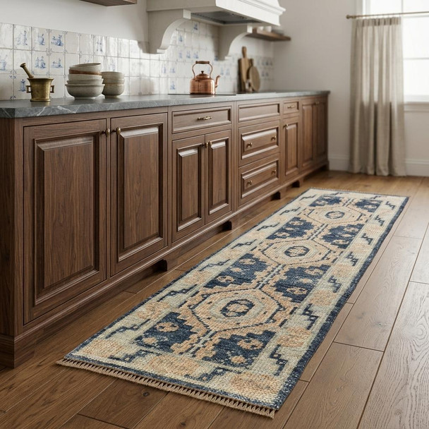 8' Blue and Ivory Wool Geometric Hand Knotted Runner Rug With Fringe