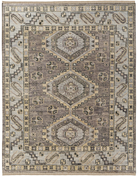 9' X 12' Ivory Gray And Brown Wool Geometric Hand Knotted Area Rug With Fringe