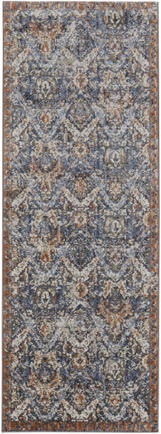 10' Ivory Blue And Burnt Orange Floral Runner Rug With Fringe