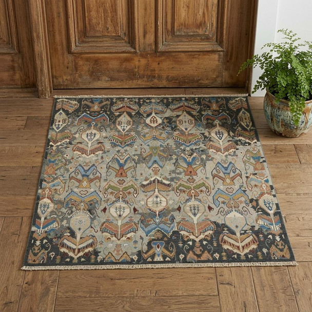 2' X 3' Blue Gray and Brown Wool Ikat Hand Knotted Area Rug With Fringe