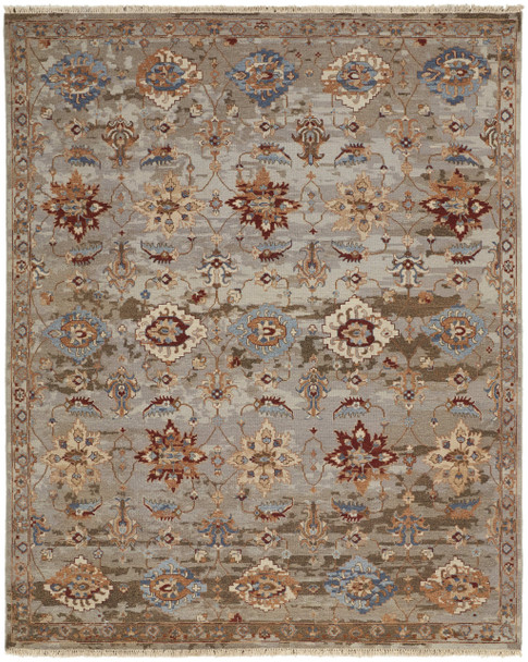 6' X 9' Tan Brown and Gray Wool Floral Hand Knotted Area Rug With Fringe