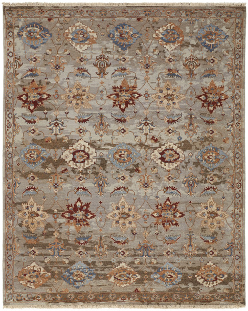 8' X 10' Tan Brown and Gray Wool Floral Hand Knotted Area Rug With Fringe