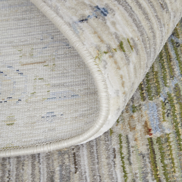 9' X 13' Ivory Green and Blue Abstract Power Loom Worn Faded Area Rug