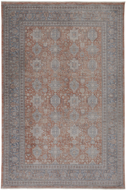 8' X 10' Blue and Red Oriental Power Loom Worn Faded Area Rug With Fringe