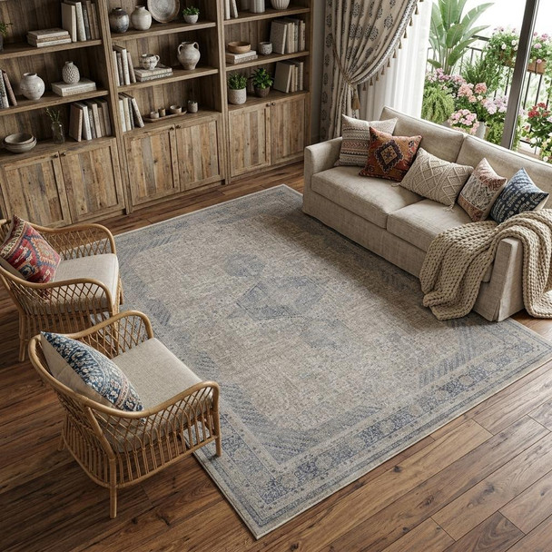 9' X 13' Gray Blue and Taupe Oriental Power Loom Worn Faded Area Rug With Fringe