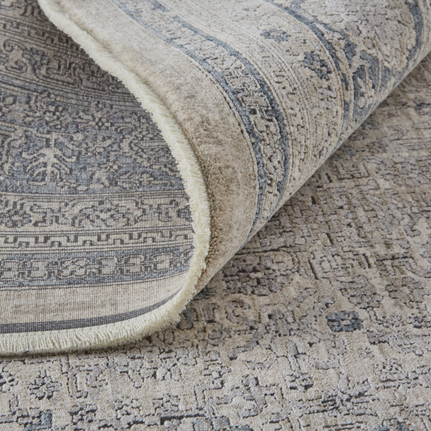 8' Gray Blue and Taupe Oriental Power Loom Worn Faded Runner Rug With Fringe