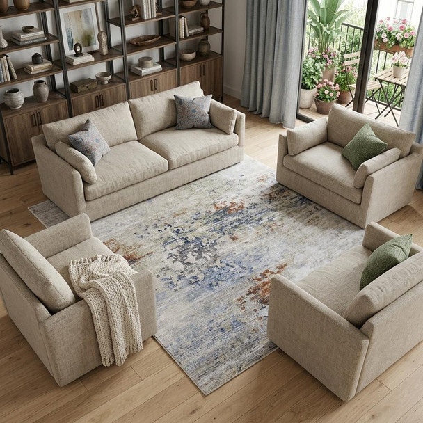 8' X 10' Red Blue and Ivory Abstract Power Loom Area Rug