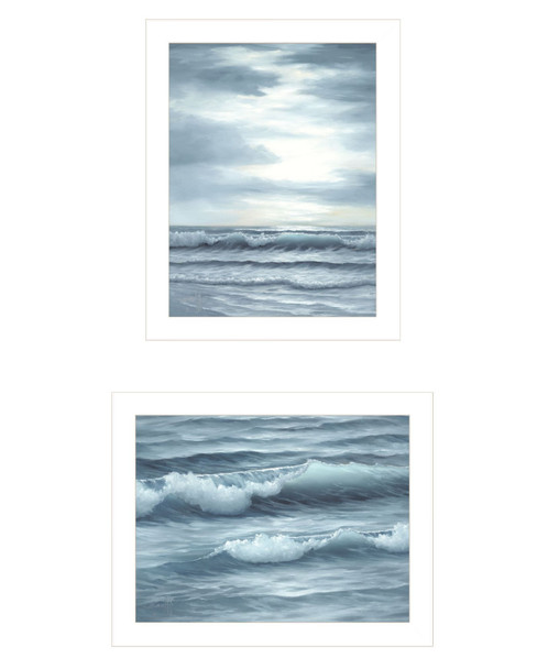 Set Of Two "The Ocean Blue - high tide at sunset." White Framed Wall Art