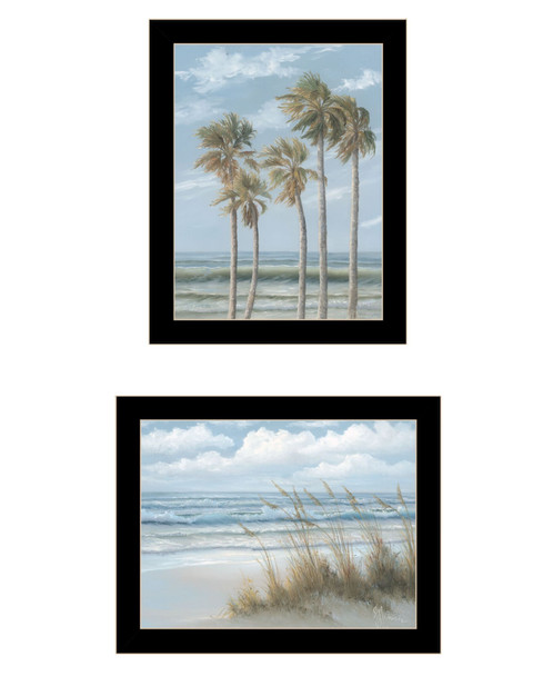 Set Of Two "Winds of the ocean blowing the Palm Trees and Sea Oats" Black Framed Wall Art