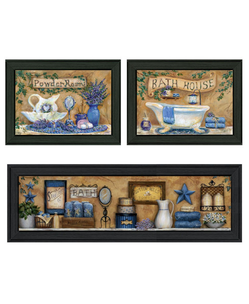 Set Of Three Rest And Relax with a Lavender Bath Black Framed Bathroom Wall Art