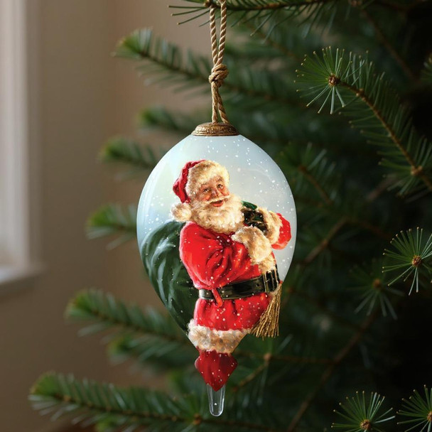 Here Comes Santa Claus Hand Painted Green Red And Gold Glass Finial Ornament