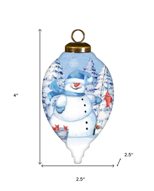 Ice Fishing Snowman Hand Painted White Blue And Red Glass Finial Ornament