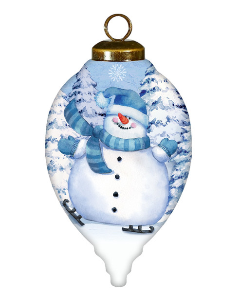 Ice Skating Snowman Hand Painted White And Blue Glass Finial Ornament